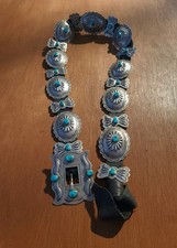 Vintage Navajo Sterling Silver Repousse Sleeping Beauty Turquoise Concho Belt