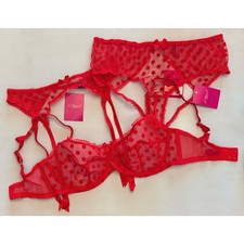 NWT L  Agent Agent Provocateur Red Flocked Dot Bra Naughty Brief Garter Set