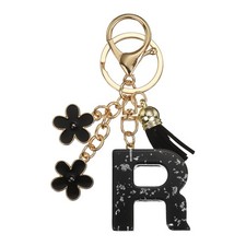 Alphabet Initial Letter Keychain Cute Charm with Tassel Flower Letter R Black