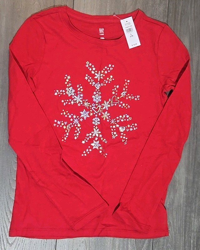 NWT - GAP Kids Girls Long-Sleeve Graphic T-Shirt Red Glittery Snowflake Sz L(10)
