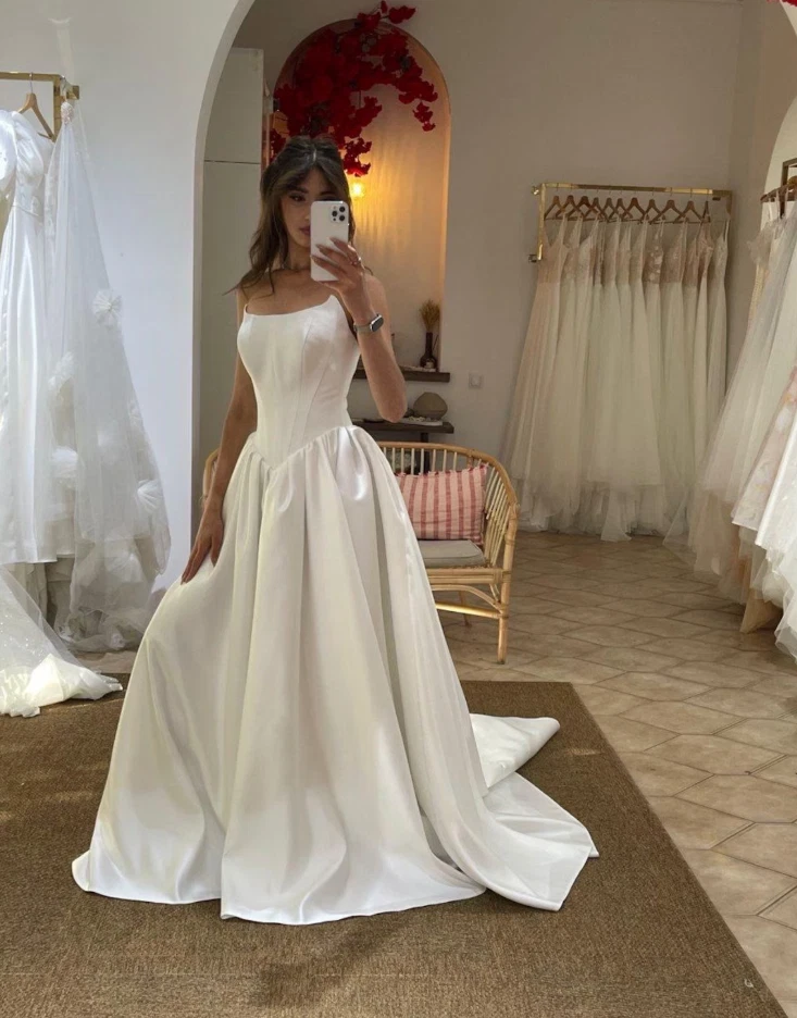 Sleeveless Wedding Dresses Satin White A Line Strapless Ivory Bridal Gowns - Image 2 of 4