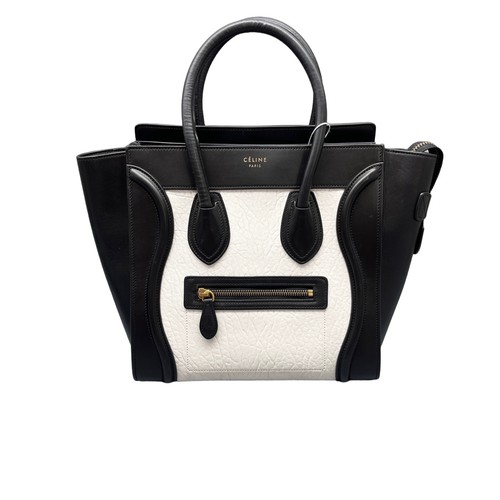 Celine Luggage Micro Black White Leather Bicolor Smiley Face Tote Handbag