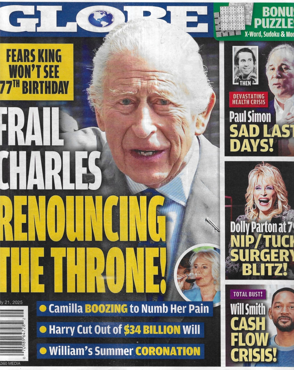 Globe Magazine King Charles Paul Simon Dolly Parton Will Smith Tim McGraw 2025