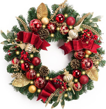 24" Pre-Lit Large Christmas Wreath for Front Door Red Gold
