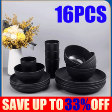 16 Piece Black Plastic Camping Picnic Plates Cups Bovvls Set Dinnerware Cutlery