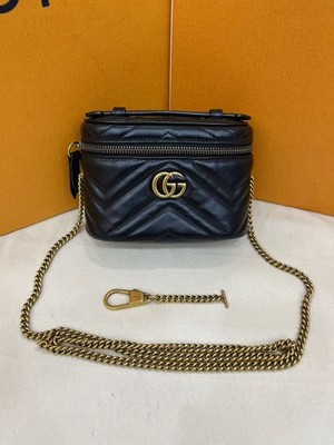 Gucci GG Marmont Mini Black Chevron Quilted Leather Vanity Crossbody Bag Auth