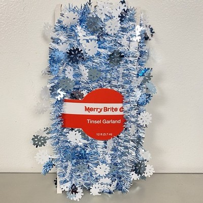 Merry Brite Blue Snowflake Tinsel Garland 12ft Christmas Tree Holiday