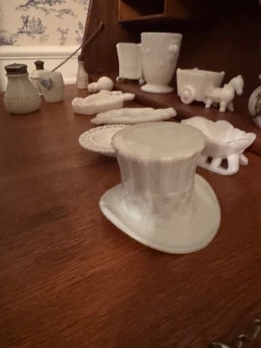 Vintage Milk Glass Miniatures Lot – Hat, Sleigh, Horse Cart, Stoppers & More