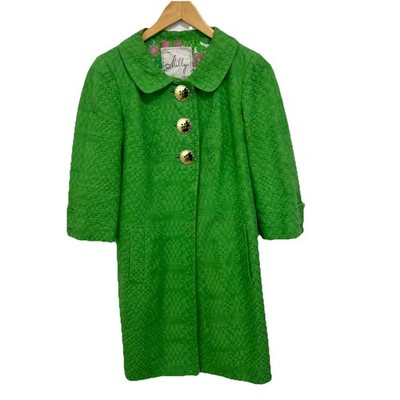 Milly Women  Apple Green Textured Cotton Overcoat Gold Buttons 3/4 Sleeve Size 2