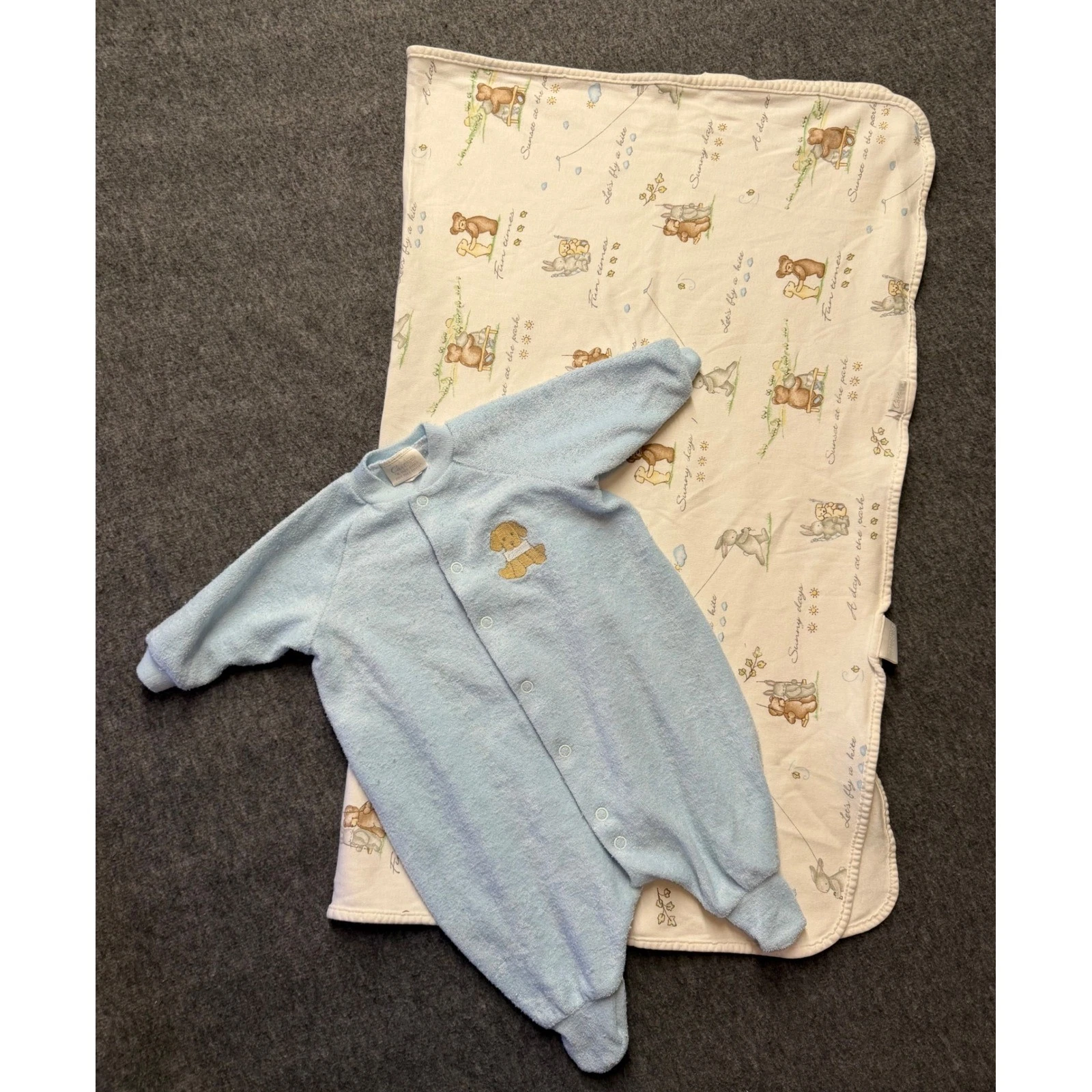 Vintage Carters Baby Boy Blue Terry Cloth Sleeper and Puppy Blanket Set 0-3M