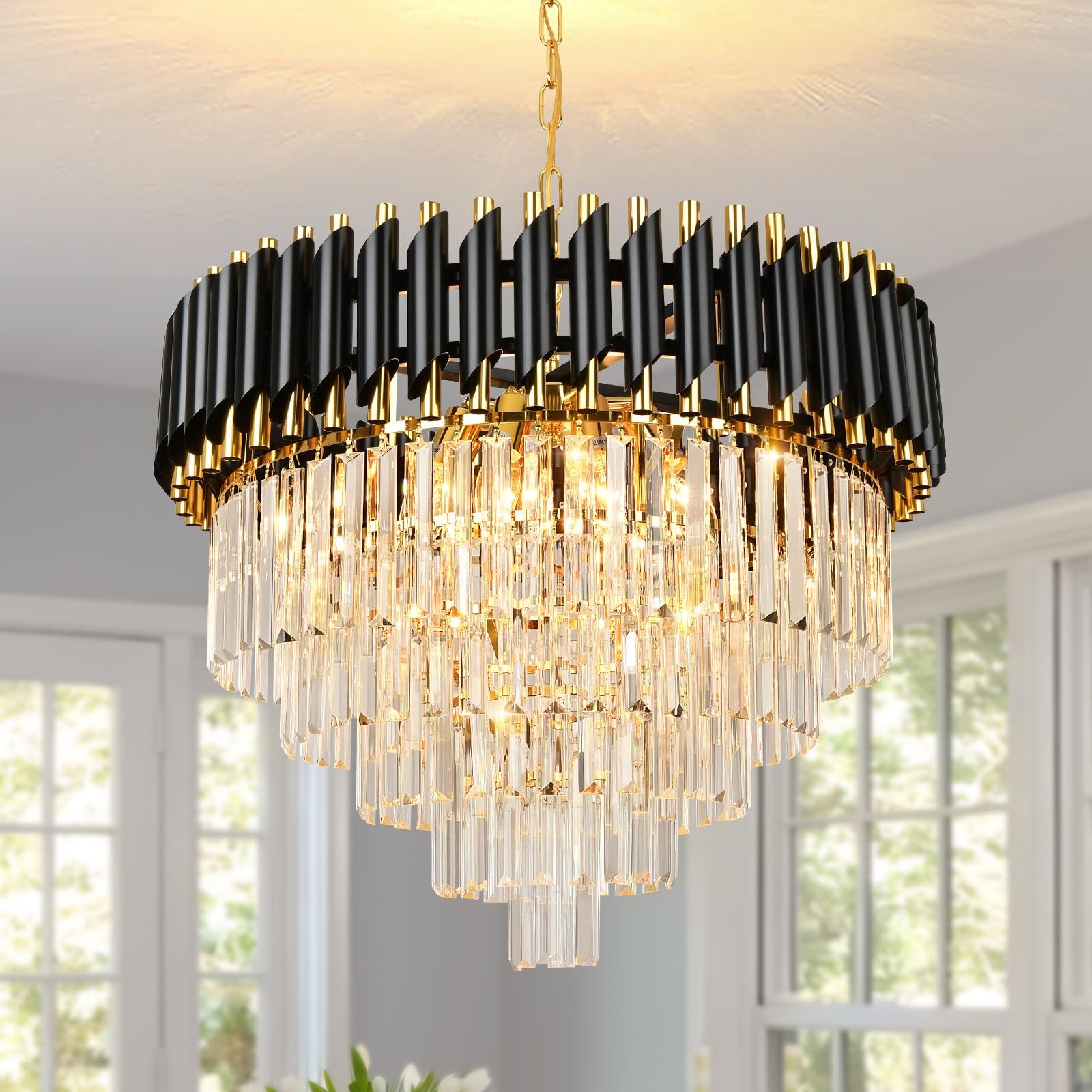 Black and Gold Crystal Chandelier Pendant Light for Dining Room Round Modern Design