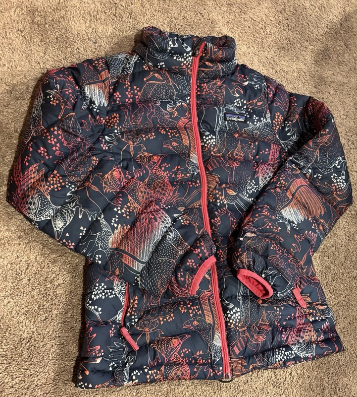 Patagonia Puffer Jacket Girls Goose Down Youth L 12 Birds Flower Pattern