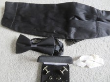 Solid Black Luxury Cummerbund Bowtie Men's Tuxedo Bow Tie Cuff Links w/Buttons