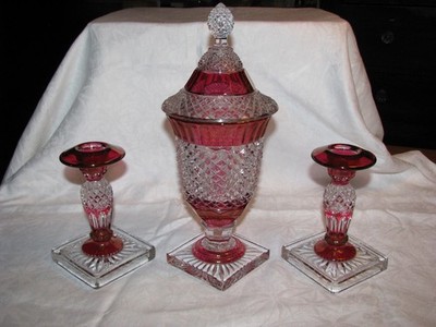 VTG Cranberry Red Flash Glass Pair Candles Sticks & Covered Compote Bowl