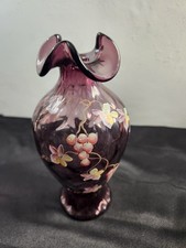 Fenton Art Glass Aubergine Diamond Optic Vase Handpainted Grape Design - Signed