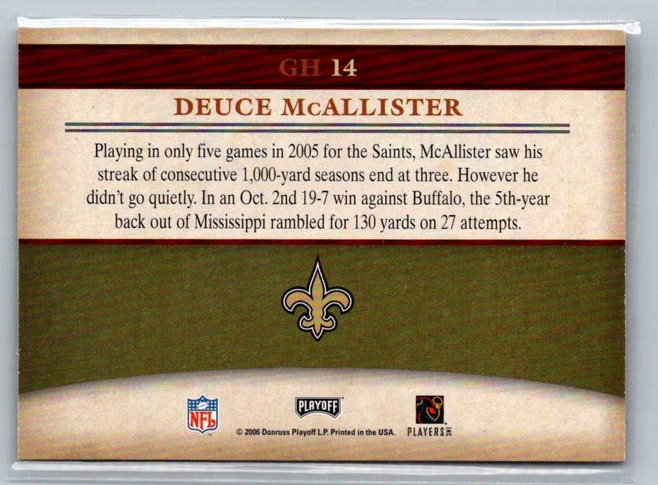 2006 Playoff Prestige #GH14 Deuce McAllister Gridiron Heritage - Image 2 of 2