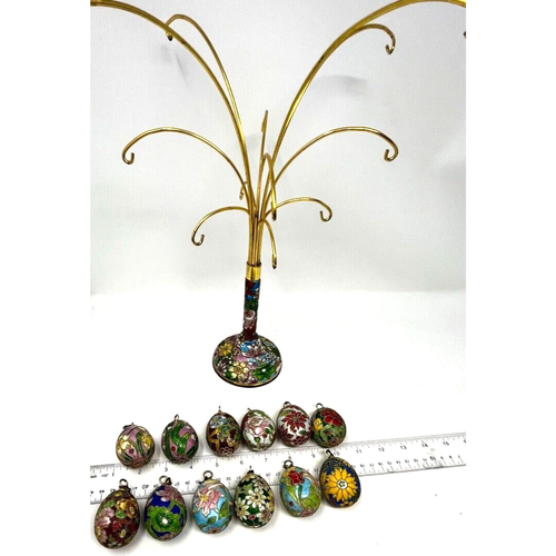 RAR Vintage Chinesischer Cloisonné Emaillierter Baum mit 12er Set Eier mit Blumen - Bild 14 von 14