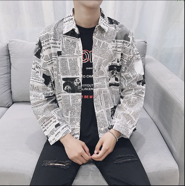 Vogue Mens Loose Summer Shirts Newspaper Printed Long Sleeve T shirt Korean Tops