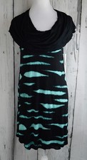 Kensie Womens A-Line Dress Shift Black & Teal Tie Dye Layered Cowl Neck Medium M