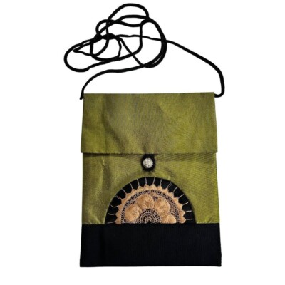 Green Gold Silky Crossbody Travel Bag Embroidered Dressy 6'' x 8''