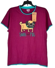 Lazy One Snug as a Pug Burgundy Teal Women's Tee Shirt Top Size Small Cotton