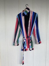 Plush Women's L Sleepwear Robe Multicolor Striped Belted Pockets  Headband NEW