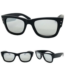 Classic Vintage Retro SUNGLASSES Thick Square Black Frame POLARIZED Chrome Lens