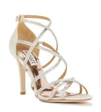   PRETTY BADGLEY MISCHKA MEGHAN SILVER SATIN HIGH HEEL SANDALS PUMPS SZ 8.5