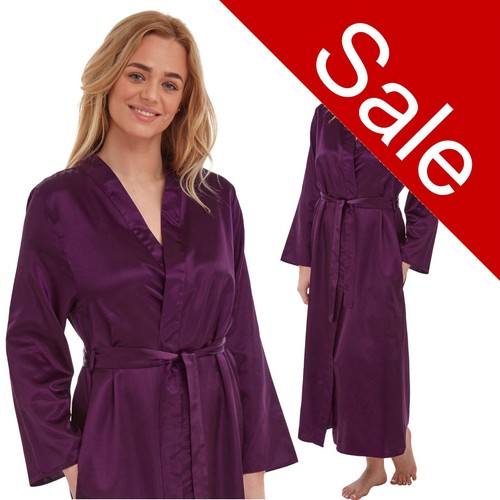 Purple Lined Satin Long Dressing Gown Bath Robe Size 12 14 RRP £30! FREE POSTAGE - Picture 2 of 2