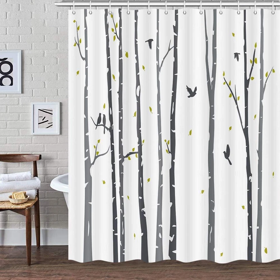 Занавеска для душа с серым деревом для ванной, нейтральная береза лес Rowley птица ткань - Изображение 2 из 4