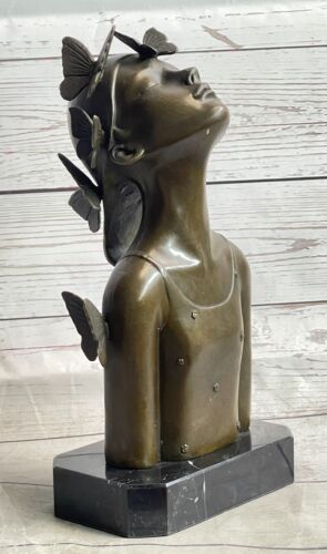 Moderne Kunst Schmetterling Mädchen Büste Bronze Skulptur von Collet: feine Figur Statue - Bild 1 von 10