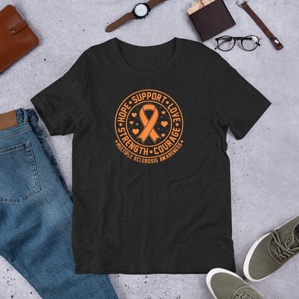 Hope, Support, Love, Strength, Courage MS Awareness Tee with Orange Ribbons