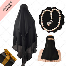 Khimar and Niqab Set, 3 Layered Khimar With Niqab, Prayer Bead, Black