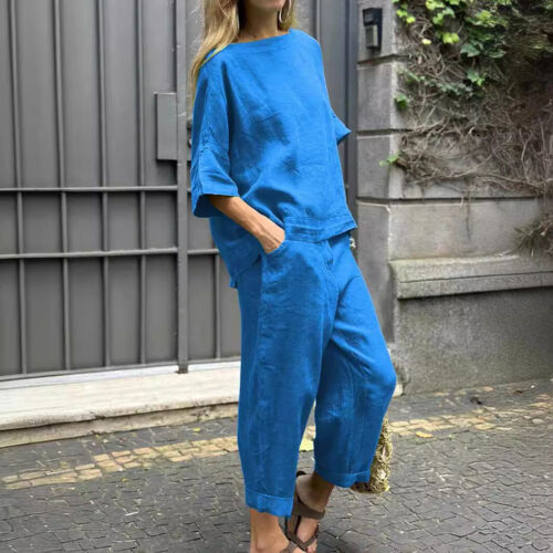 Women 2 Piece Outfits Summer Short Sleeve Top and Long Pants Women's Casual - Picture 7 of 18