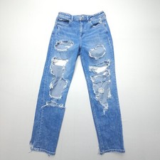 American Eagle Mom Jeans Womens 6 Blue Distressed Destroyed Denim Stretch