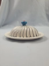DUTCH WAX Hand-Painted Ceramic Covered Butter Dish Stripes White Blue EUC.    61