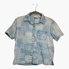 Y2K Liz Claiborne Villager Sport Chambray Floral Button Down Shirt Petite Medium