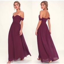 Lulus Harmonious Love Maxi Dress Small Burgundy Off The Shoulder Chiffon NEW