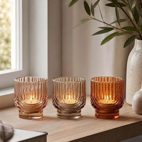 3Er Set Kerzenglas Teelichthalter Bernstein Beige Orange Windlichter Herbst Deko-image