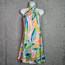 Show Me Your Mumu Luxe Satin Women's Sz L Jasmin Halter Mini Dress Tropical NWT