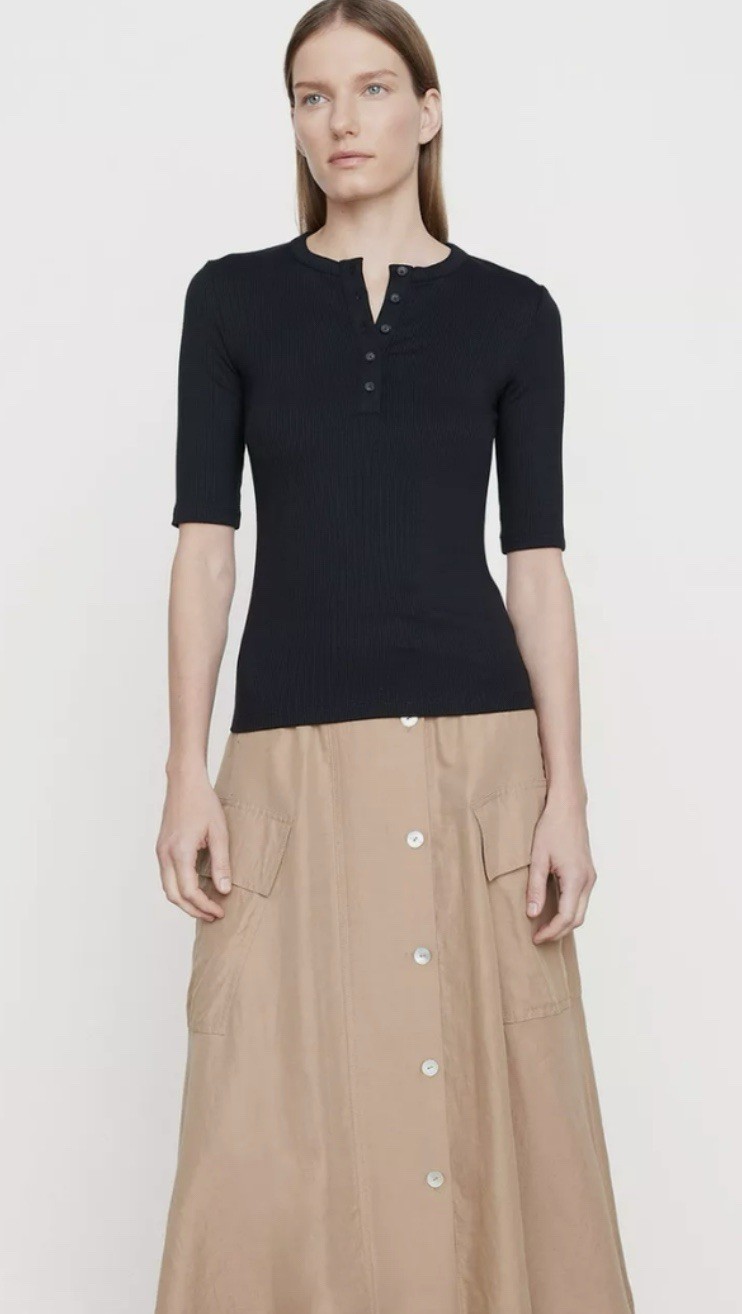 Vince Black Women's Elbow Sleeve Ribbed Henley Size XL