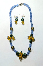 Blue, Yellow, Green Glass Bead Necklace/Choker and Earring Set--Handmade