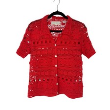 Vintage Red Crochet Cardigan Top Boho Festival Sheer Lace Button Front Shirt M