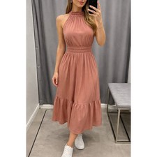 Knox Rose Mauve Pink Halter Neck Smocked Waist Tiered Midi Dress XS RN17730