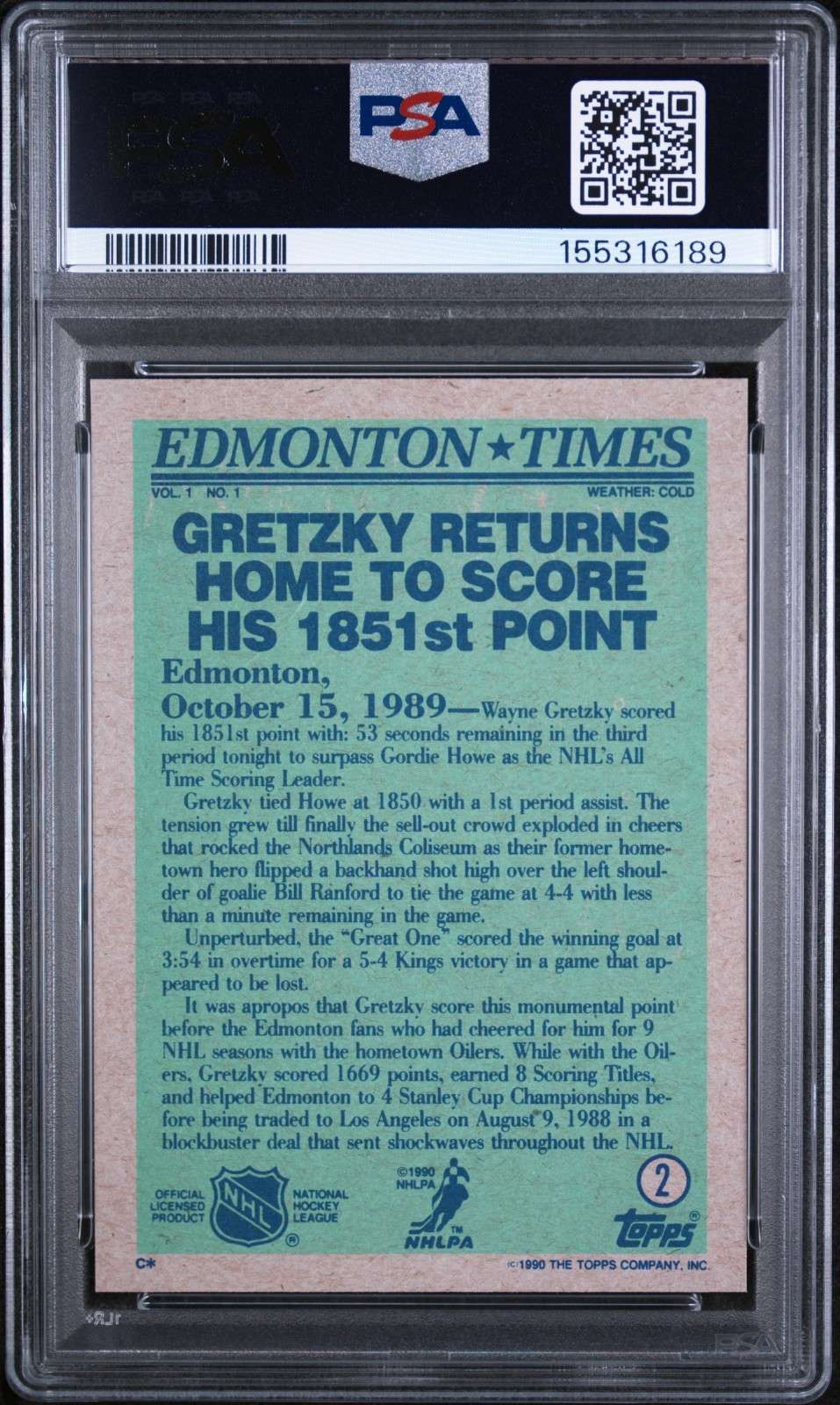 1990 TOPPS WAYNE GRETZKY #2 PSA 10 GEM MINT EDMONTON OILERS LOW POP! view 2
