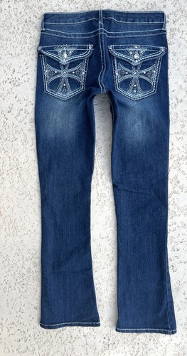 Mudd Jeans Size 9 Bootcut Bling Blue Rhinestone Flap Embroidered Pocket Low Rise - Picture 3 of 7