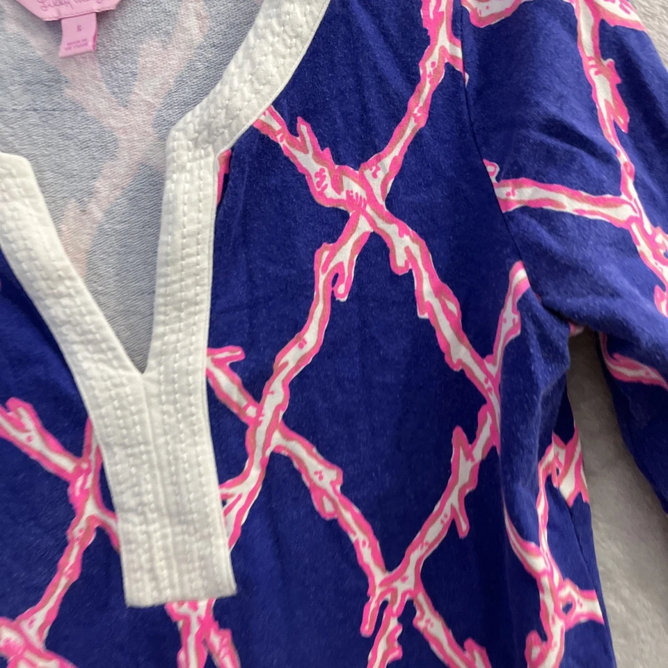 Vestido Mujer Lilly Pulitzer Azul Geométrico Pequeño Mezcla Algodón Manga Larga Cuello en V Foto 2 de 4