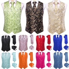 Floral Paisley Satin Plain Mens Waistcoat Wedding Regular Fit Vest Suit Tie Set