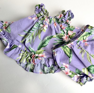 Baby Girl Ruffle Dress and Shorts Set Hawaiian Floral Purple Green 6 Month