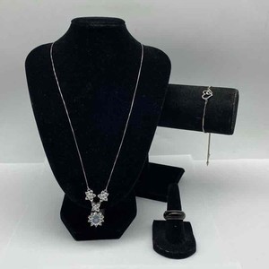 Sterling Silver 925 Jewelry Lot 3pc Flower Necklace Heart Bracelet Ring Sz 5